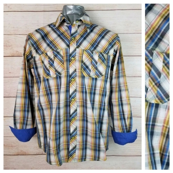 Westecs M Blue Yellow Plaid Snap Shirt Flip-Cuffs - Picture 3 of 6